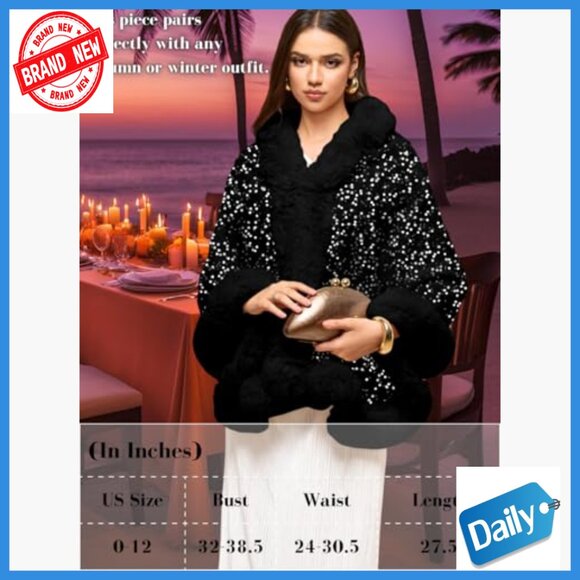 Francine Sequin Faux Fur Shawl Wrap, Velvet Evening Cape, One Size